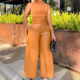 black fashion urban Women's Fashion High Waist Pants Ins Style PU Leather Pants Nightclub Metal Belt Wide Leg Pants