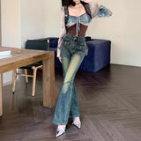 y2k American Retro Distressed Jeans Women's Stitching Slim-Fit Slimming Flared Pants Autumn Hot Girl High Waist Wide-Leg Long Pants