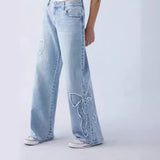 jeans New American-Style Embroidered Side Frayed Butterfly Jeans Women's High Street Design Hot Girl Loose Straight Pants