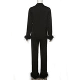 Casual Two Piece Pants Set For Women Black Fleece Fur Long Sleeve Top Shirt And Pantsuit Ladies Fashion Party Suit