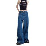 comfy school outfits Original Dark Blue Jeans Women's Spring and Autumn Stitching Design Wide-Leg Pants Straight Pants 77165dd