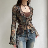 widow dress to impress Retro Printed Personalized Ruffled Lace-up Cardigan Elegant Waist Slimming V-neck Thin Lace Top