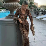 Yahuite Leopard Print Beach Dress Women Fashion Ruffle Lace Up Slim Long Dresses Sexy Chiffon Split Holiday Party Dress 2024 Summer