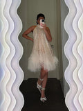 Yahuite Elegant White Sequins Feather Hem Mini Dress Women Sexy Off Shoulder Loose Halter Dresses 2024 New Shiny Female Party Vestidos