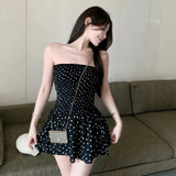 Yahuite Women Dress Black Polka Dot Tube Dresses Fashion Sleeveless Off Shoulder Casual Ladies Clothes