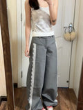 Yahuite Vintage Lace Dress Pants Woman Wide Leg Gray High Waist Suit Pants Baggy Y2k Casual Elegant Trouser Office Wear Harajuku