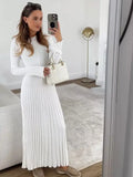 Women Elegant Solid Pleated Knitted Maxi Dress Casual Round Neck Long Sleeve Lace Up Dresses 2024 Autumn Lady High Street Robes