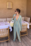 Yahuite Crochet Colorful Stripe Maxi Dress Women Flare Sleeve V-neck High Split Sexy Long Dresses 2023 New Autumn Beach Banquet Vestidos