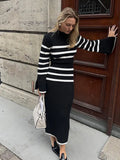 Yahuite Elegant Stripes Split Long Sleeve Knitted Dress Women Fashion Round Neck Black White Dresses 2024 New Lady Slim High Streetwear