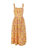 Yahuite Suninheart Summer Elegant Floral Print Midi Holiday Dress with Pocket Yellow Back Lace Up Party Dresses Casual Women Dress 2023