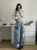 Yahuite Multi-Pocket Heavy Lndustry Design Jeans American Street Workwear Female Y2K Gothic Fashion Punk Style Loose Floor Wide-leg Pant