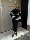 Yahuite Elegant Stripes Split Long Sleeve Knitted Dress Women Fashion Round Neck Black White Dresses 2024 New Lady Slim High Streetwear