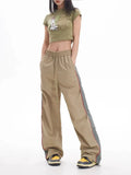 Yahuite Khaki Wide Leg Casual Pants Women Vintage Y2k Striped Parachute Trousers Streetwear Baggy Harajuku Black Cargo Pants