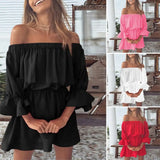 Yahuite Boho Dresses for Women 2024 Summer Sexy Off Shoulder Solid Color Flare Sleeve Tunic Dress Women Casual Mini Sundress Vestido