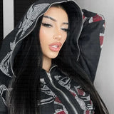 Yahuite Y2K Aesthetic Rhinestone Skeleton Hoodies Women Gothic Black Zip Up Sweatshirts Female Retro Harajuku Hooded Jacket Streetwear