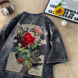 Yahuite Gothic Washed Tshirts Rose Printed Streetwear Men T-shirt O-neck Oversized Korean Short Sleeve Tops Harajuku Casual Male Tee