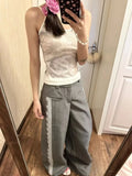 Yahuite Vintage Lace Dress Pants Woman Wide Leg Gray High Waist Suit Pants Baggy Y2k Casual Elegant Trouser Office Wear Harajuku