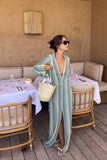 Yahuite Crochet Colorful Stripe Maxi Dress Women Flare Sleeve V-neck High Split Sexy Long Dresses 2023 New Autumn Beach Banquet Vestidos