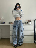 Yahuite Multi-Pocket Heavy Lndustry Design Jeans American Street Workwear Female Y2K Gothic Fashion Punk Style Loose Floor Wide-leg Pant