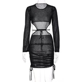 Yahuite Cryptographic Elegant Drawstring Ruched Cut Out Summer Bandage Mini Dress for Women Club Party Long Sleeve White Dresses Clothes