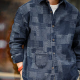 American Retro Boro Baijia Cloth Denim Shirt Jacquard Splicing Niche Long-sleeved Shirt men's Spring And Autumn Jacket