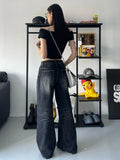 Yahuite Grunge Y2k Black Jeans Women Baggy Vintage High Street Oversized Denim Trousers Gothic Gyaru 2000s Acubi Fashion Jeans