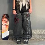 Yahuite Y2K Streetwear Baggy Jeans Men Harajuku Trend Embroidery Pattern Hip Hop Vintage Denim Pants Straight Casual Wide Leg Trousers