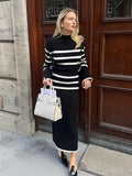 Yahuite Elegant Stripes Split Long Sleeve Knitted Dress Women Fashion Round Neck Black White Dresses 2024 New Lady Slim High Streetwear