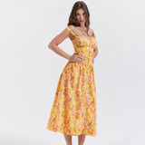 Yahuite Suninheart Summer Elegant Floral Print Midi Holiday Dress with Pocket Yellow Back Lace Up Party Dresses Casual Women Dress 2023