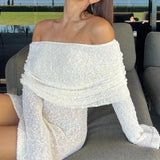 Yahuite Knitted White Mini Dress 2024 Woman Elegant Strapless See Through Beach Sundress Sexy Bodycon Off Shoulder Crochet Dresses