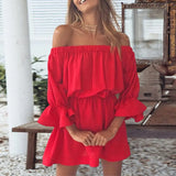 Yahuite Boho Dresses for Women 2024 Summer Sexy Off Shoulder Solid Color Flare Sleeve Tunic Dress Women Casual Mini Sundress Vestido