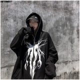 Yahuite Men Punk Pattern Printed Zipper Ribbon Hooded Sweatshirt Jacket Hip Hop Casual Oversized Hoodies Coat Streetwear Autumn Couples