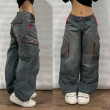 Yahuite Streetwear Fashion New Multi-pocket Washed Baggy Jeans Men And Women Y2K Hip-hop Harajuku Casual Gothic High Waist Wide Trouser