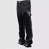 Yahuite Men's Fashion Jeans Work Pants, European and American Fashion Workwear Elastic Patchwork Denim Layered Flared Pants S-XXL