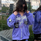 Yahuite spider web Letter Print Hoodie Women Harajuku Oversized Zipper Hip-Hop Jackets Men Gothic Grunge Hooded Sweatshirt Y2K Clothes