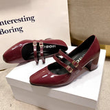 Yahuite 2024 Spring Autumn Women Double Buckle Mary Janes Shoes Patent Leather Dress Square Head Square Heel Solid Color Women's Shoes