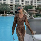 Yahuite Chic Leopard Print Ruffle Split Dress Women Sexy Lace Up V Neck Long Sleeve Dress Vestidos 2024 New Lady Party Beachwear Dresses