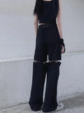 QWEEK Techwear Gothic Black Cargo Pants Women Streetwear Hollow Out Punk Wide Leg Oversize Pockets Trousers For Female Hip Hop