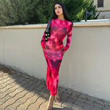 Yahuite 2024 Autumn Winter Tie Dyed Long sleeve Dress Women's Slim Fit Long Dress Sexy Spicy Girl Wrap Hip Skirt Casual Women's Clothing