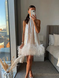 Yahuite Elegant White Sequins Feather Hem Mini Dress Women Sexy Off Shoulder Loose Halter Dresses 2024 New Shiny Female Party Vestidos