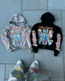 Yahuite Harajuku High Street Fashion Trend Cartoon Print Zipper Hoodie Women Y2k Hip-hop Rock Casual Versatile Oversized Sweatshirt Men