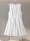 Yahuite Elegant Pleated Mini Dress Women Fashion Sleeveless High Waist A-line Dresses 2024 Summer White Slim Stripe Casual Lady Vestidos