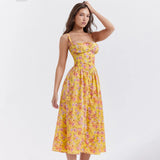 Yahuite Suninheart Summer Elegant Floral Print Midi Holiday Dress with Pocket Yellow Back Lace Up Party Dresses Casual Women Dress 2023