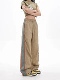 Yahuite Khaki Wide Leg Casual Pants Women Vintage Y2k Striped Parachute Trousers Streetwear Baggy Harajuku Black Cargo Pants