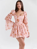 Yahite  Puff Sleeve Floral Print Sexy Mini Dress Women Robe Square Collar Backless Ruffled Pleated Sexy Party Dress Clubwear