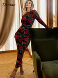 Yahuite Deioao Long Sleeve Silk Elegant Women's Flower Long Dresses Summer Bodycon lace up Slim Red Modesty Fashion Female Clothing