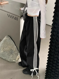 QWEEK Korean Fashion Black Joggers Pants Women Y2K Fairycore Sweatpants With Bows Oversized Side Striped Kpop Sports Trousers