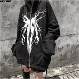 Yahuite Men Punk Pattern Printed Zipper Ribbon Hooded Sweatshirt Jacket Hip Hop Casual Oversized Hoodies Coat Streetwear Autumn Couples