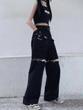 YAHUITE-YAHUITE Techwear Gothic Black Cargo Pants Women Streetwear Hollow Out Punk Wide Leg Oversize Pockets Trousers For Female Hip Hop