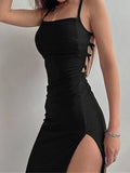 Yahuite Sexy Black Long Bodycon Dress Women Summer Sleeveless Blackless Halter Neck Spaghetti Strap Dresses High Split Vestidos